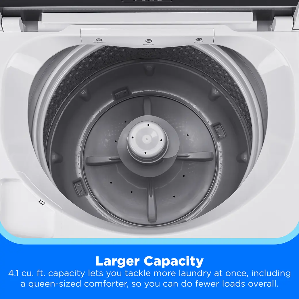Top-down view of a white front-loading washing machine drum interior with a gray agitator and a blue text banner at the bottom reading 'Larger Capacity'.