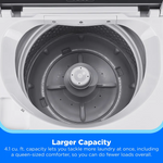 Top-down view of a white front-loading washing machine drum interior with a gray agitator and a blue text banner at the bottom reading 'Larger Capacity'.