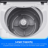 Top-down view of a white front-loading washing machine drum interior with a gray agitator and a blue text banner at the bottom reading 'Larger Capacity'.