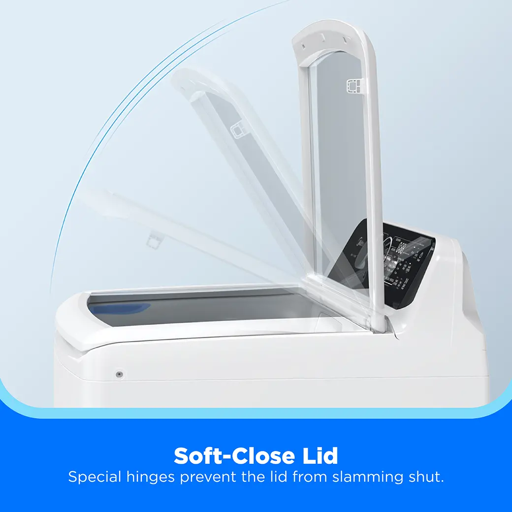A white top-loading washing machine with the lid open, shown on a light blue background with a blue banner at the bottom reading 'Soft-Close Lid' and 'Special hinges prevent the lid from slamming shut.'.