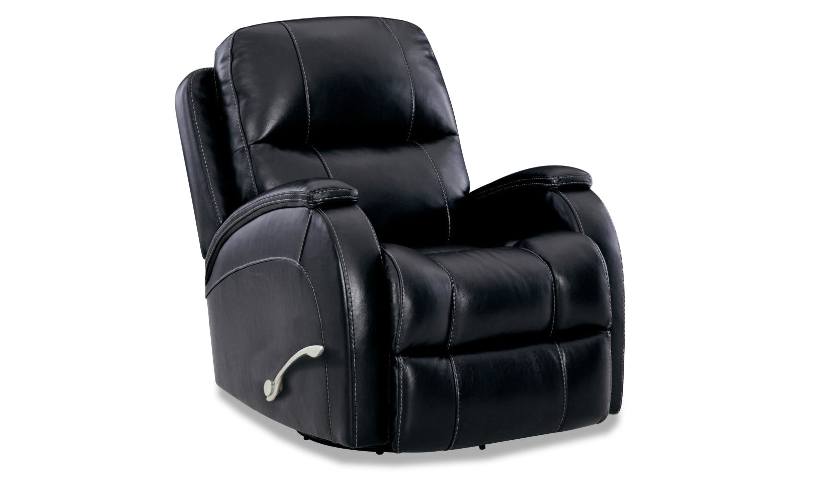 Black recliner chair with padded headrest, wide armrests, and a side control knob, shown on a white background.
