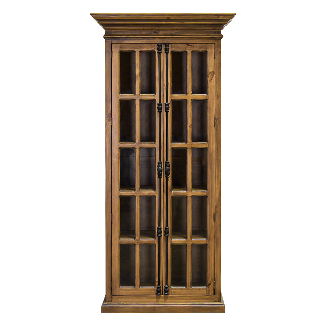 A tall wooden cabinet with two glass-paneled doors and dark metal hardware, shown against a plain white background.