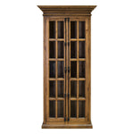 A tall wooden cabinet with two glass-paneled doors and dark metal hardware, shown against a plain white background.