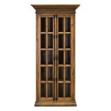 A tall wooden cabinet with two glass-paneled doors and dark metal hardware, shown against a plain white background.