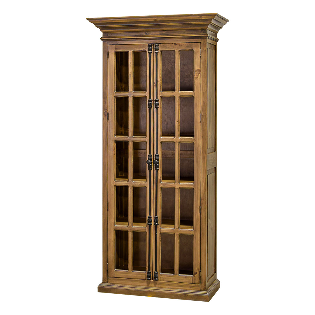 A tall wooden display cabinet with two glass-paneled doors and dark metal hardware, shown on a plain white background.