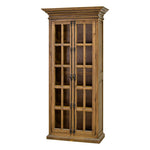 A tall wooden display cabinet with two glass-paneled doors and dark metal hardware, shown on a plain white background.