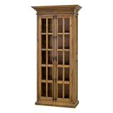 A tall wooden display cabinet with two glass-paneled doors and dark metal hardware, shown on a plain white background.