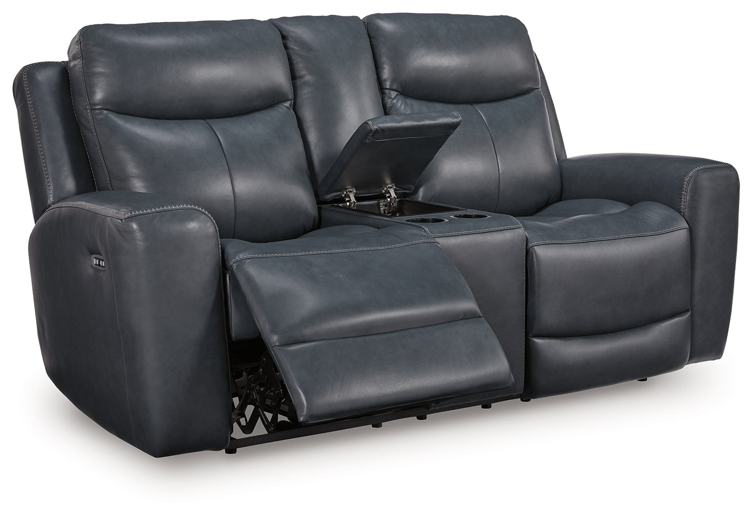 Ashley Furniture - MOMENTUM ADMIRAL LEATHER 2P POWER CONSOLE LOVESEAT - Blue Leather Match - Loveseats