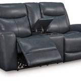 Ashley Furniture - MOMENTUM ADMIRAL LEATHER 2P POWER CONSOLE LOVESEAT - Blue Leather Match - Loveseats