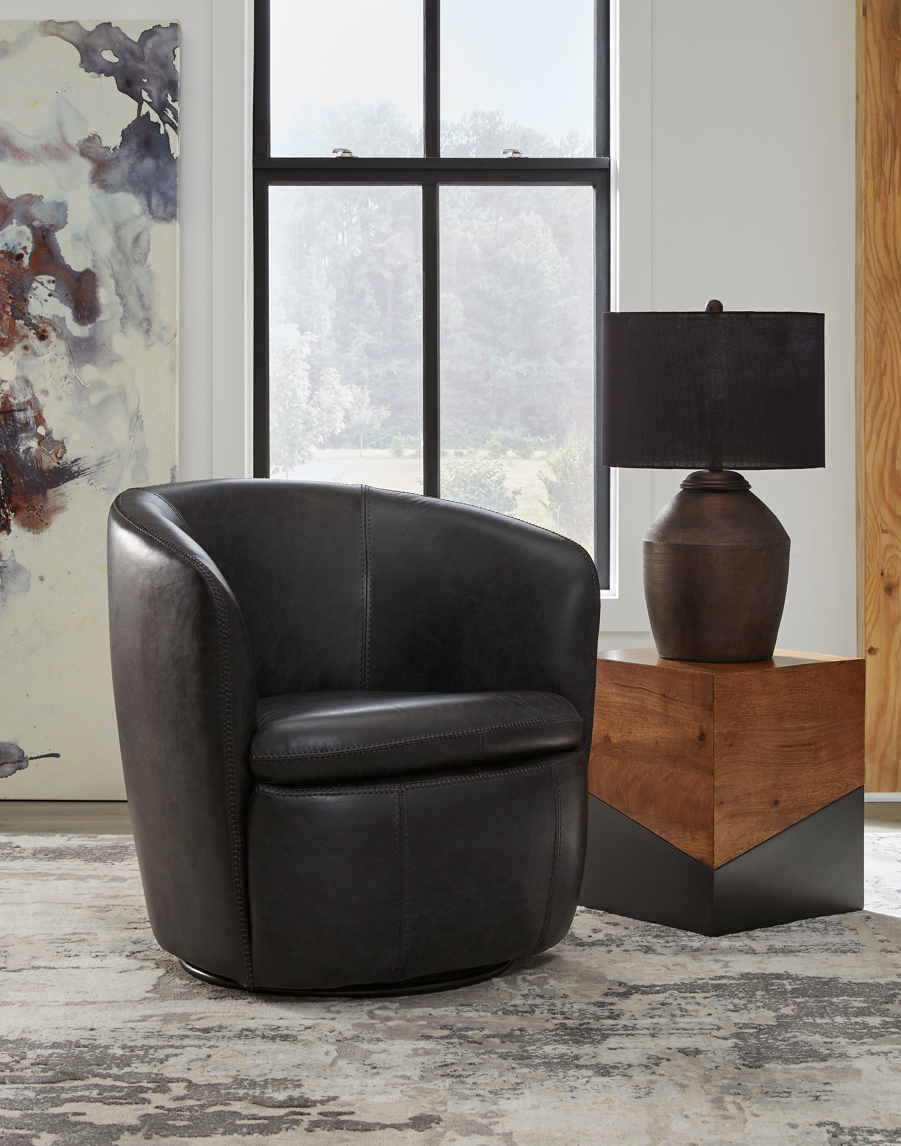 Ashley Furniture - Kierreys 100% Leather Swivel Chair - Midnight - Black - Chairs - Additional View 1