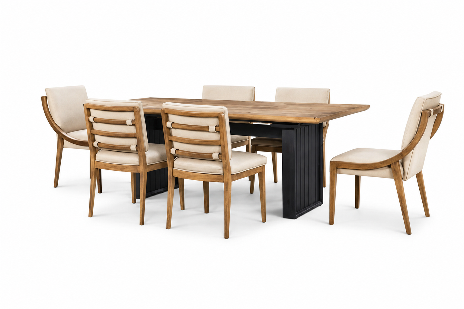 A 7-piece dining room set featuring a rectangular wooden table with a black metal pedestal base and six matching chairs with beige upholstered seats and backs, shown on a solid white background.