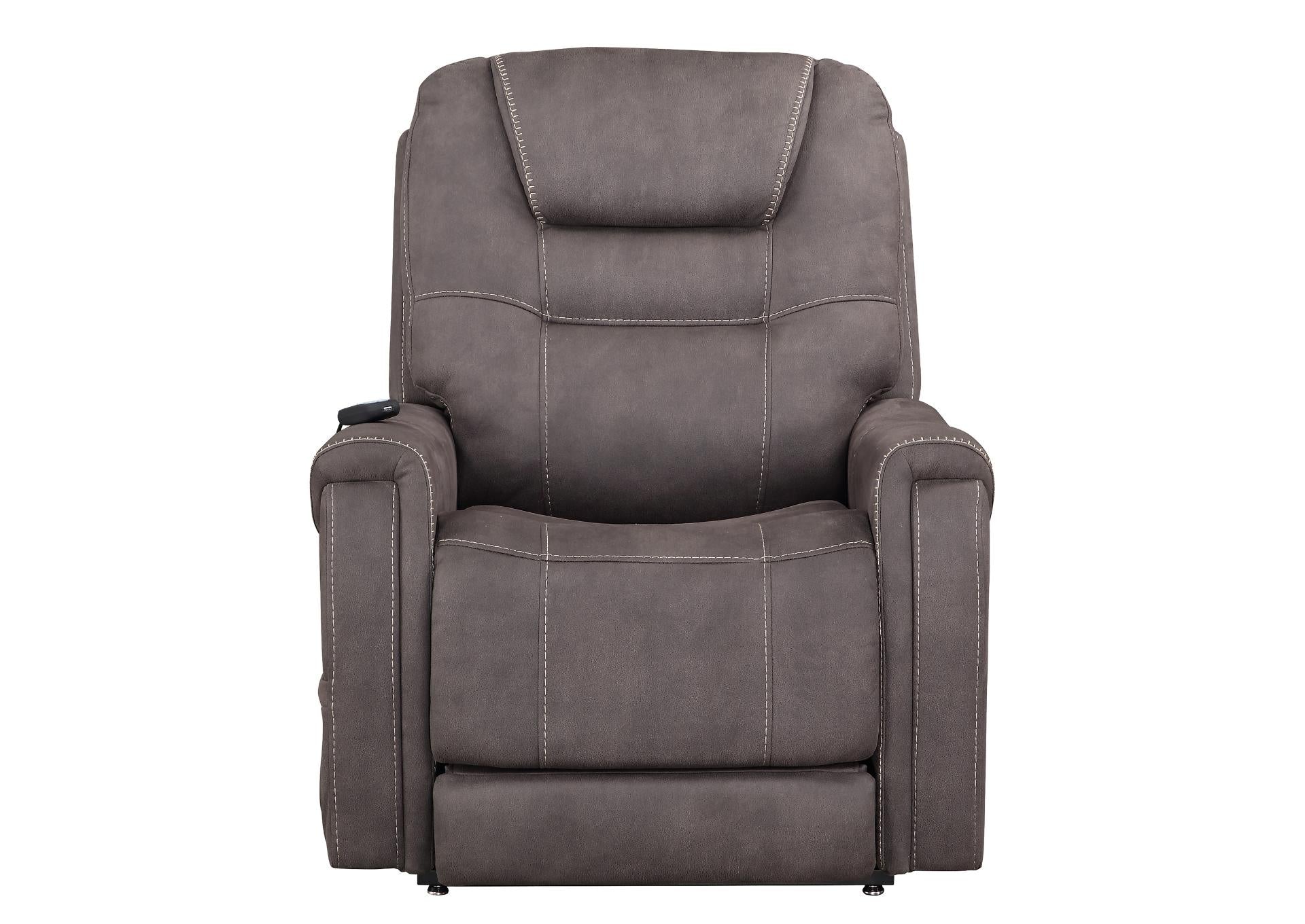A gray faux-leather recliner chair with a high back, padded headrest, and wide armrests, shown from the front against a plain white background.
