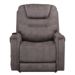A gray faux-leather recliner chair with a high back, padded headrest, and wide armrests, shown from the front against a plain white background.