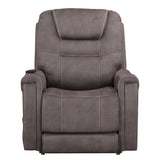 A gray faux-leather recliner chair with a high back, padded headrest, and wide armrests, shown from the front against a plain white background.