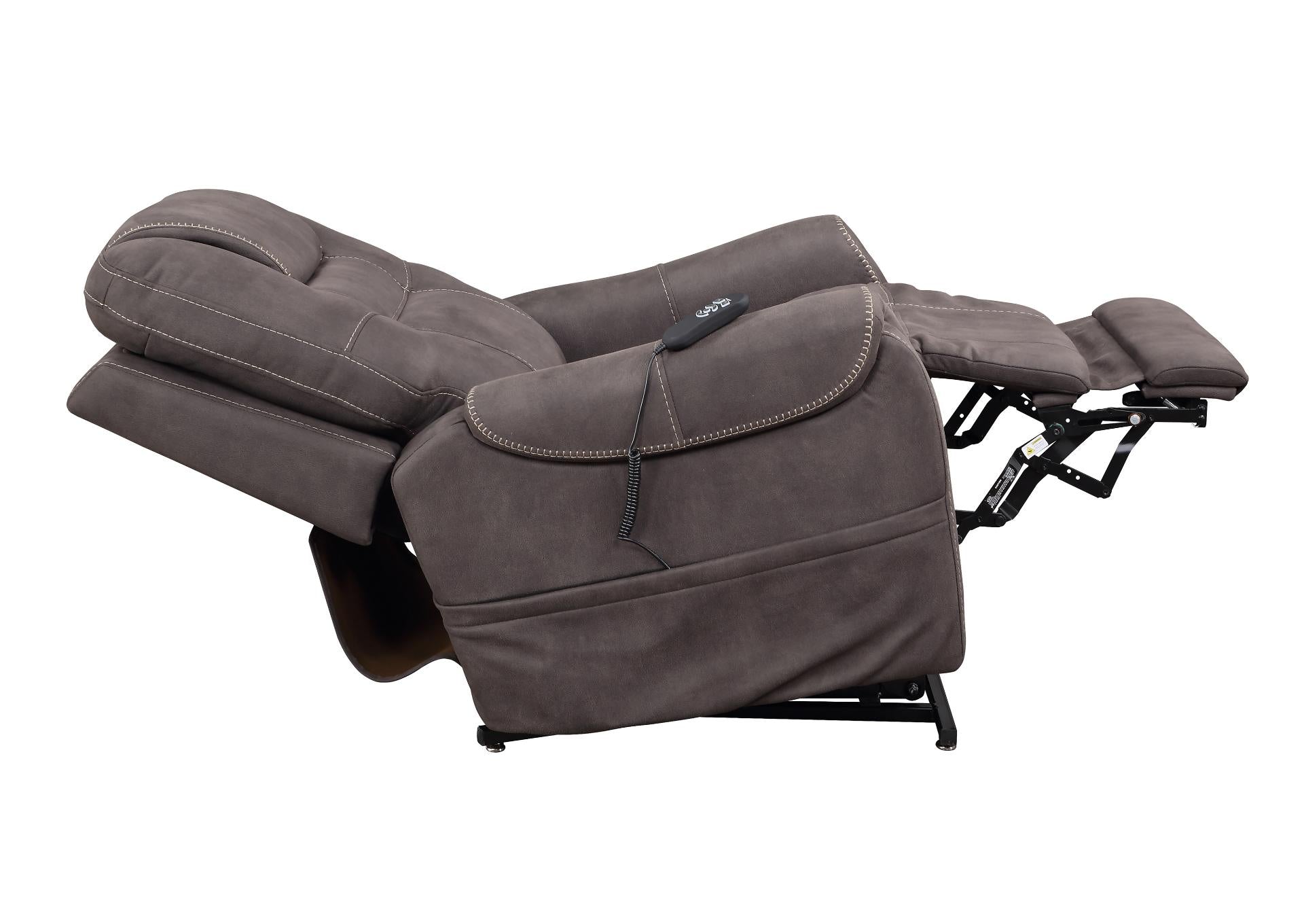 A dark brown plush recliner chair shown in a fully extended position against a solid white background.