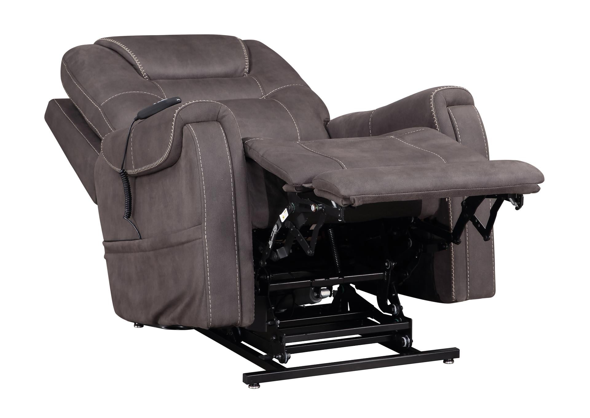 A gray faux-leather recliner chair shown in a partially extended reclined position, revealing the black metal support frame underneath. The chair features white contrast stitching and a side pocket with a black cord.