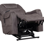 A gray faux-leather recliner chair shown in a partially extended reclined position, revealing the black metal support frame underneath. The chair features white contrast stitching and a side pocket with a black cord.