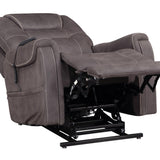 A gray faux-leather recliner chair shown in a partially extended reclined position, revealing the black metal support frame underneath. The chair features white contrast stitching and a side pocket with a black cord.