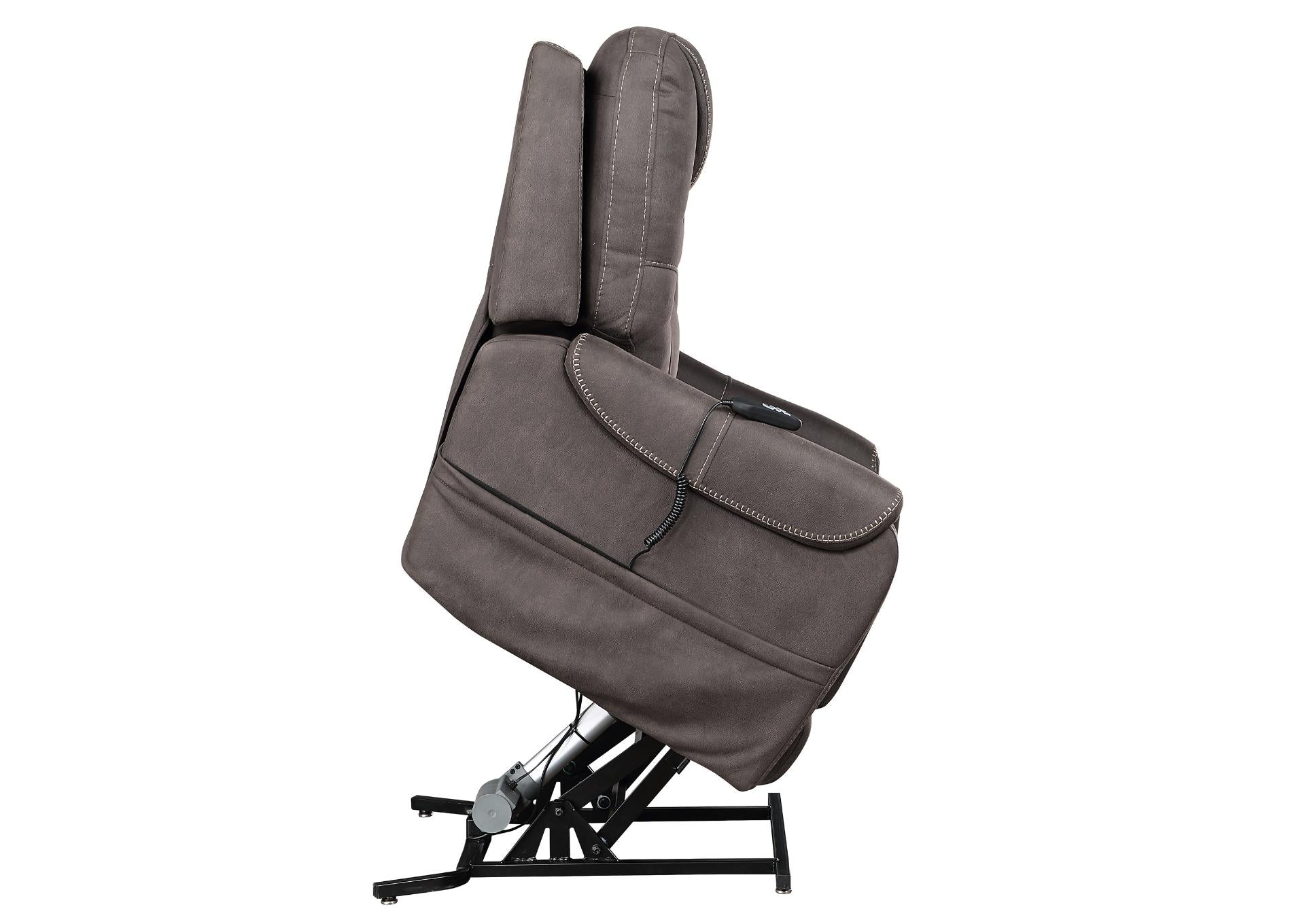 A gray upholstered recliner chair shown from the side on a black metal base against a plain white background.