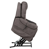 A gray upholstered recliner chair shown from the side on a black metal base against a plain white background.