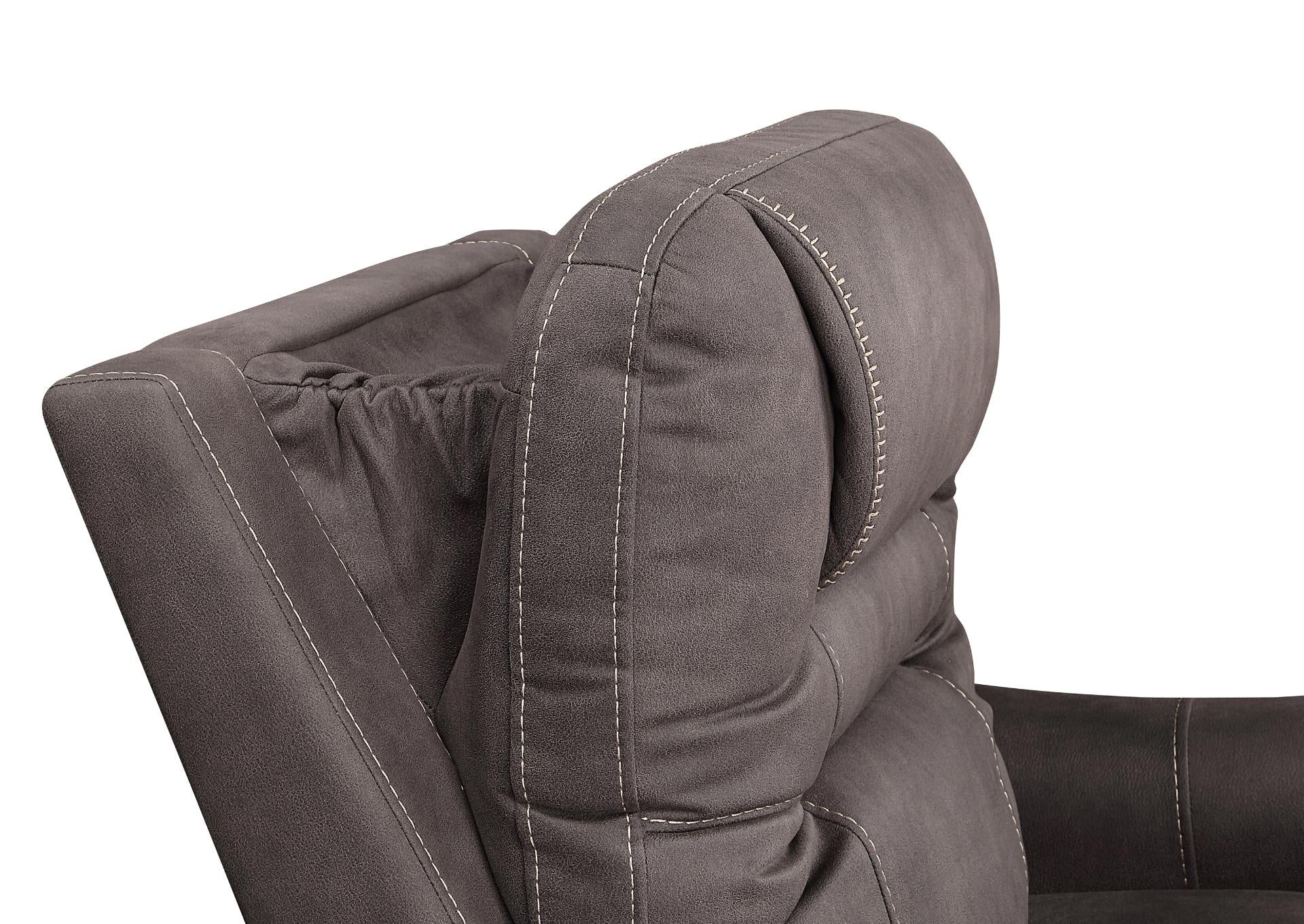 Close-up of a dark gray upholstered armrest or chair back with visible contrast stitching on a white background.