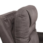 Close-up of a dark gray upholstered armrest or chair back with visible contrast stitching on a white background.