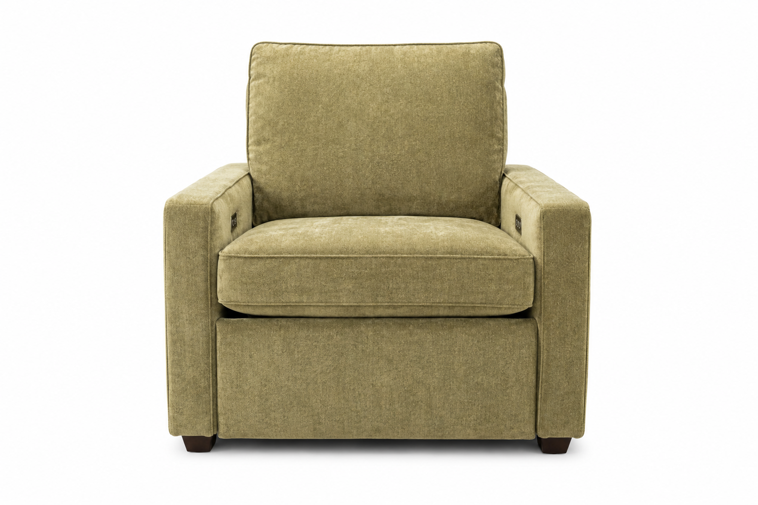 A modern power armchair upholstered in textured olive green fabric, featuring a high back, square arms, and dark wooden feet, shown against a plain white background.