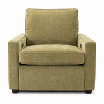A modern power armchair upholstered in textured olive green fabric, featuring a high back, square arms, and dark wooden feet, shown against a plain white background.