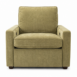 A modern power armchair upholstered in textured olive green fabric, featuring a high back, square arms, and dark wooden feet, shown against a plain white background.