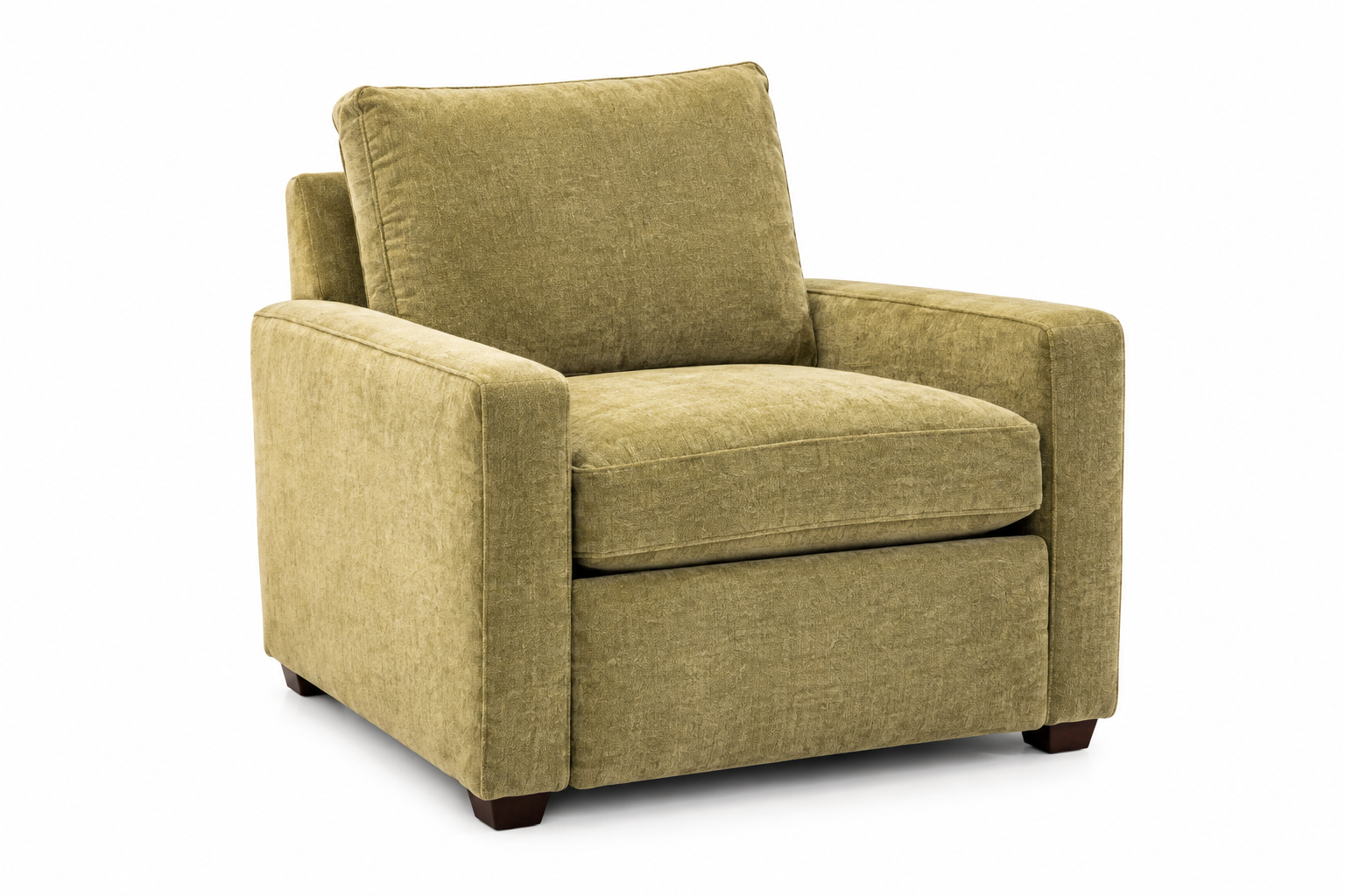 An upholstered armchair in a textured olive green fabric, shown from a three-quarter angle on a solid white background.