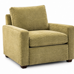 An upholstered armchair in a textured olive green fabric, shown from a three-quarter angle on a solid white background.