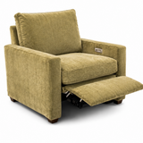 An upholstered power recliner armchair in textured olive green fabric, shown in three views: one main view with the footrest extended, one smaller front view with the chair fully reclined, and one close-up of the power control panel on the side.