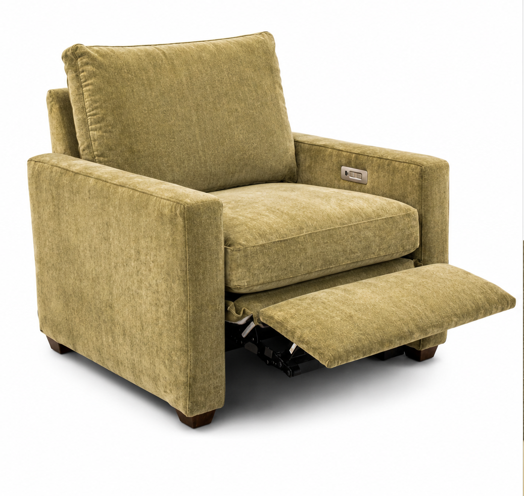 An upholstered power recliner armchair in textured olive green fabric, shown in three views: one main view with the footrest extended, one smaller front view with the chair fully reclined, and one close-up of the power control panel on the side.