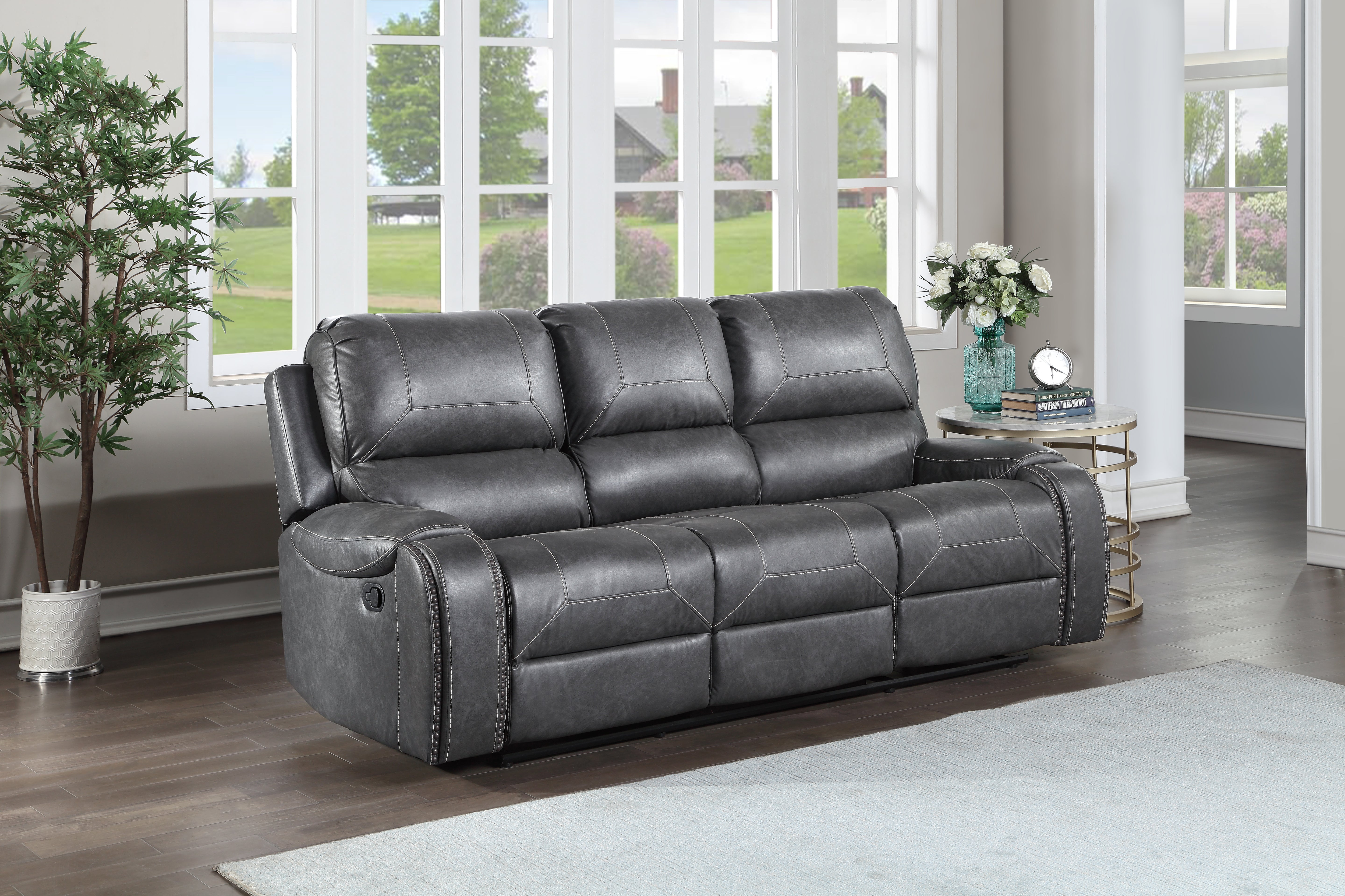 Steve Silver Furniture - Keily Reclining Sofa With Drop Down Table - Grey - Dark Gray Faux Leather - Sofas - Additional View 6