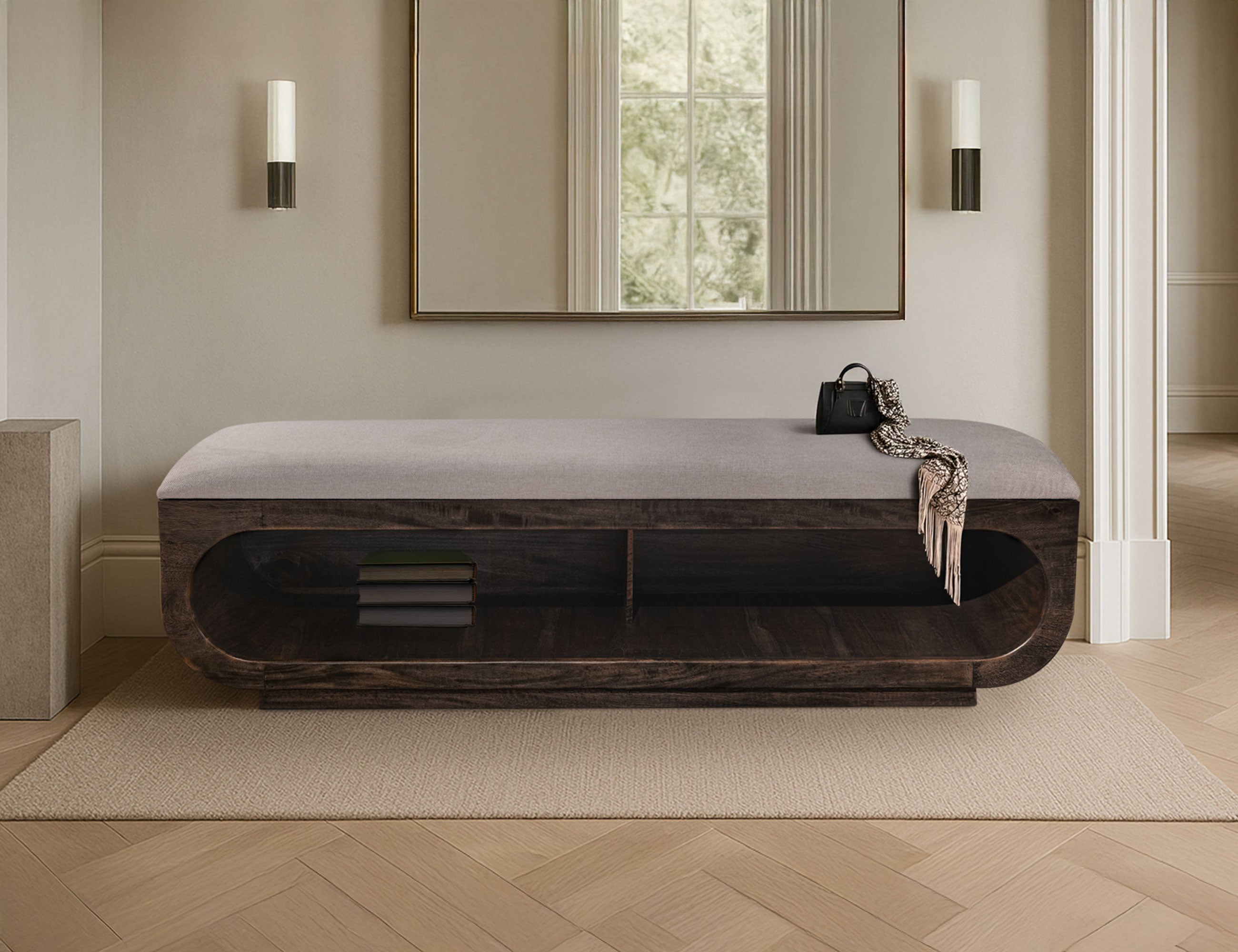 International Furniture Direct - RIVERBEND EMBER BENCH - Dark Brown|Beige Fabric|Wood - Benches - Additional View 1