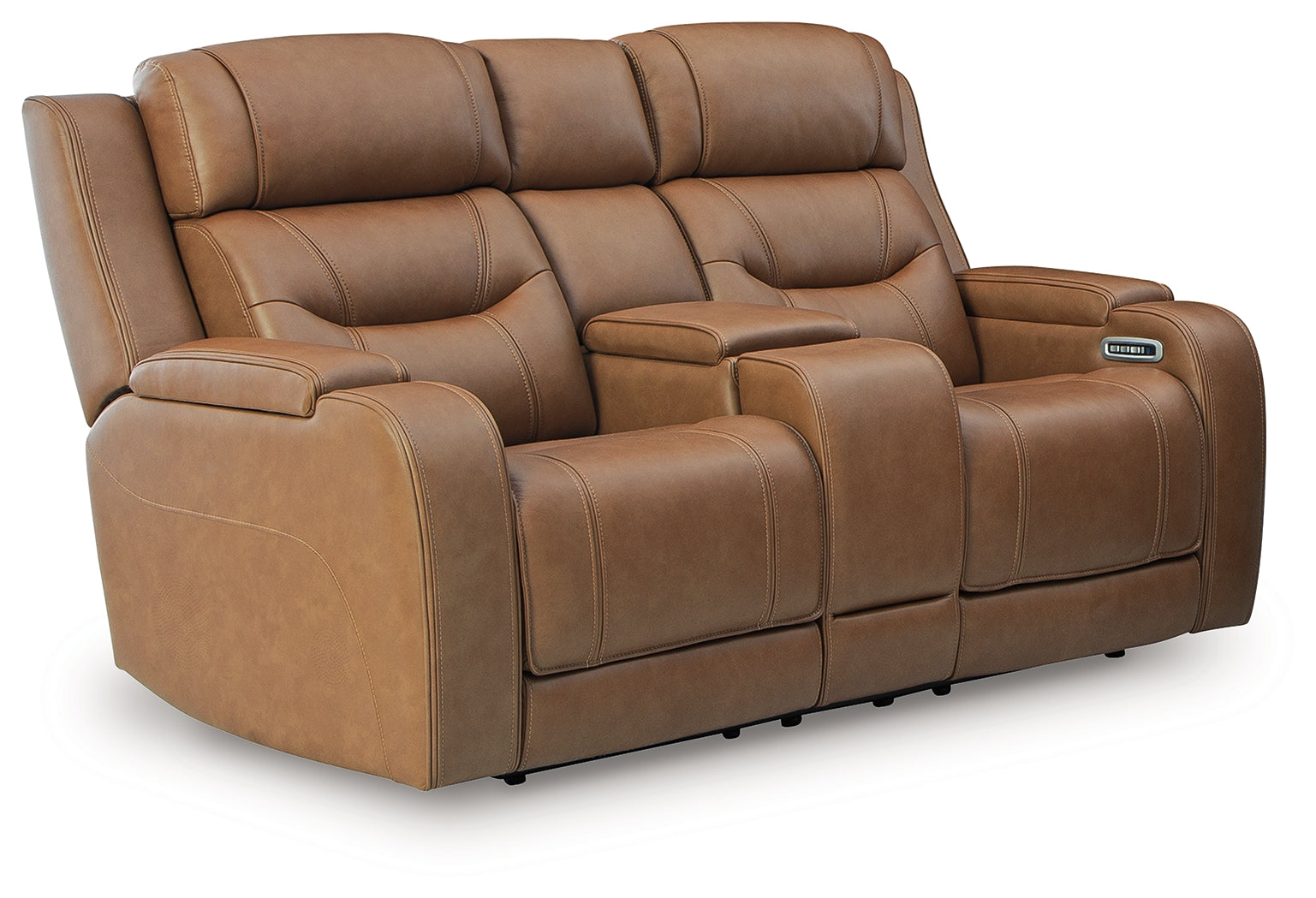 Ashley Furniture - DREAMER POWER RECLINING LOVESEAT W/ AUDIO CONSOLE - Light Brown Leather Match - Loveseats