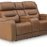 Ashley Furniture - DREAMER POWER RECLINING LOVESEAT W/ AUDIO CONSOLE - Light Brown Leather Match - Loveseats