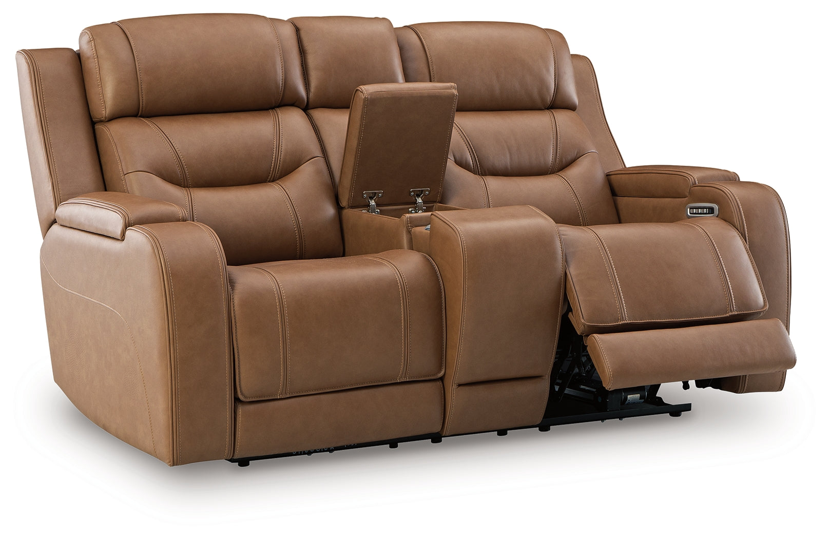 Ashley Furniture - DREAMER POWER RECLINING LOVESEAT W/ AUDIO CONSOLE - Light Brown Leather Match - Loveseats - Additional View 3