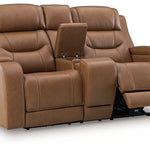Ashley Furniture - DREAMER POWER RECLINING LOVESEAT W/ AUDIO CONSOLE - Light Brown Leather Match - Loveseats - Additional View 3