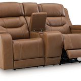 Ashley Furniture - DREAMER POWER RECLINING LOVESEAT W/ AUDIO CONSOLE - Light Brown Leather Match - Loveseats - Additional View 3