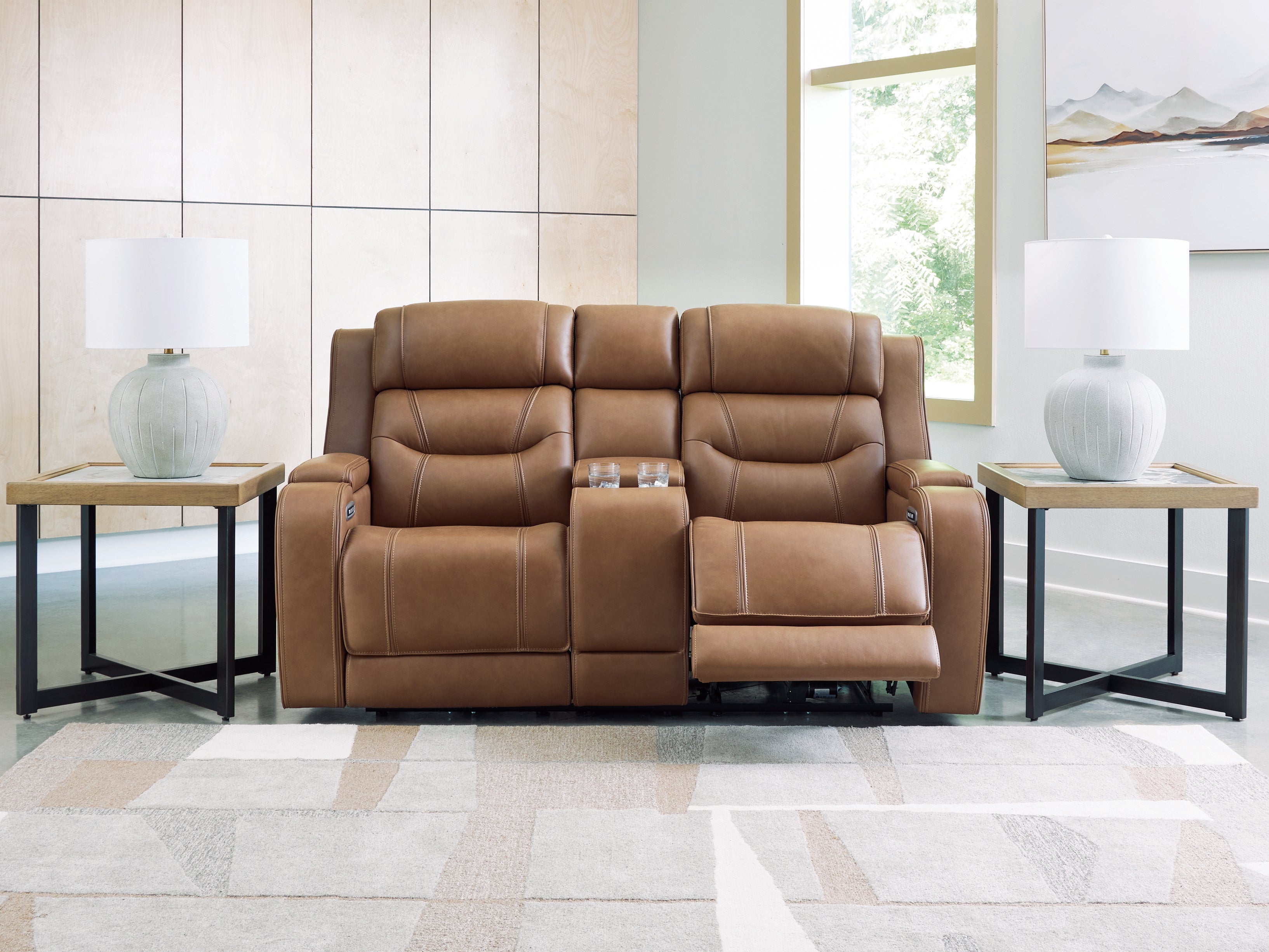 Ashley Furniture - DREAMER POWER RECLINING LOVESEAT W/ AUDIO CONSOLE - Light Brown Leather Match - Loveseats - Additional View 5