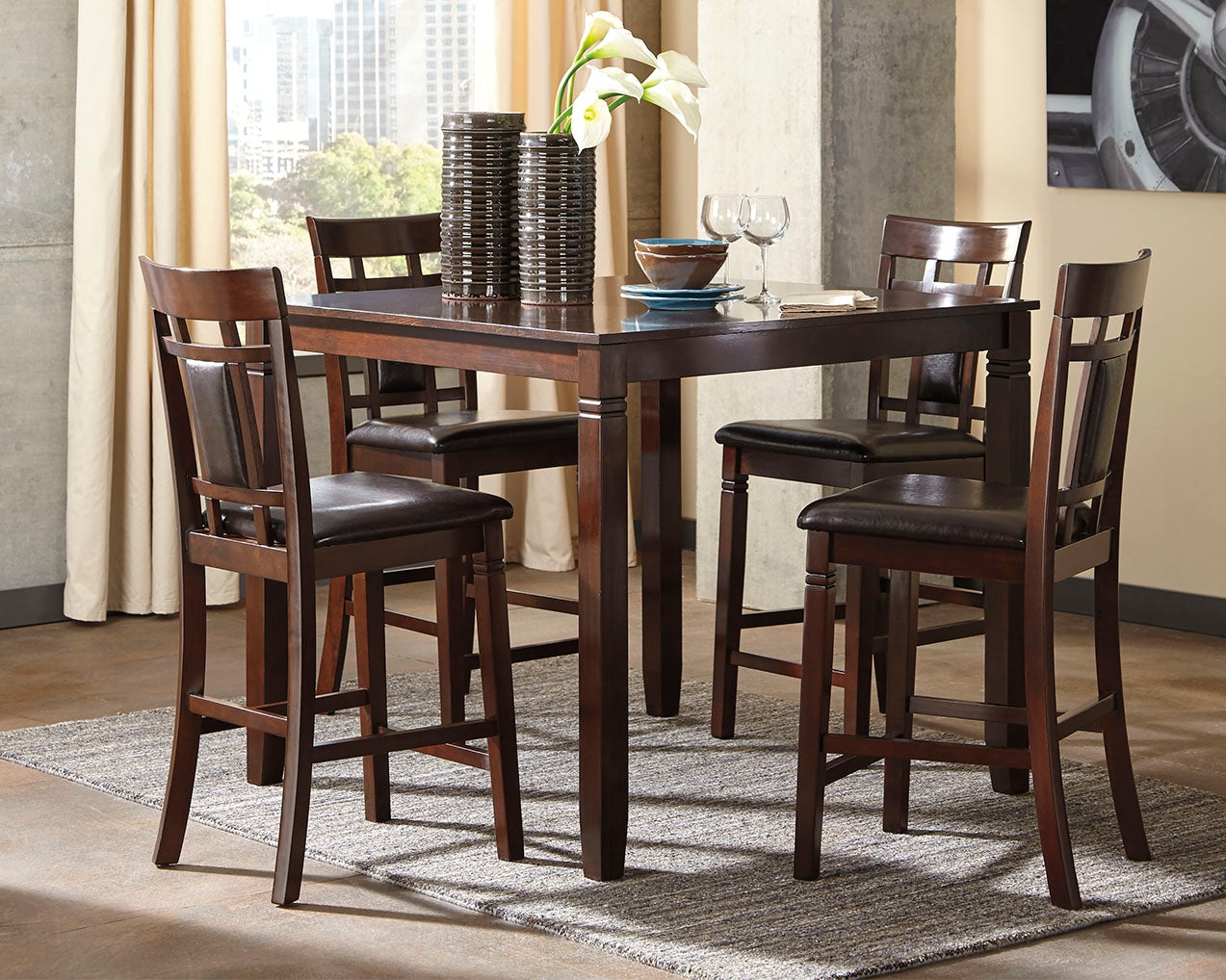 Ashley Furniture - BENNOX 5 PIECE PUB DINING SET - Dark Brown Leather Match|Wood - Dining Room Sets - Additional View 1