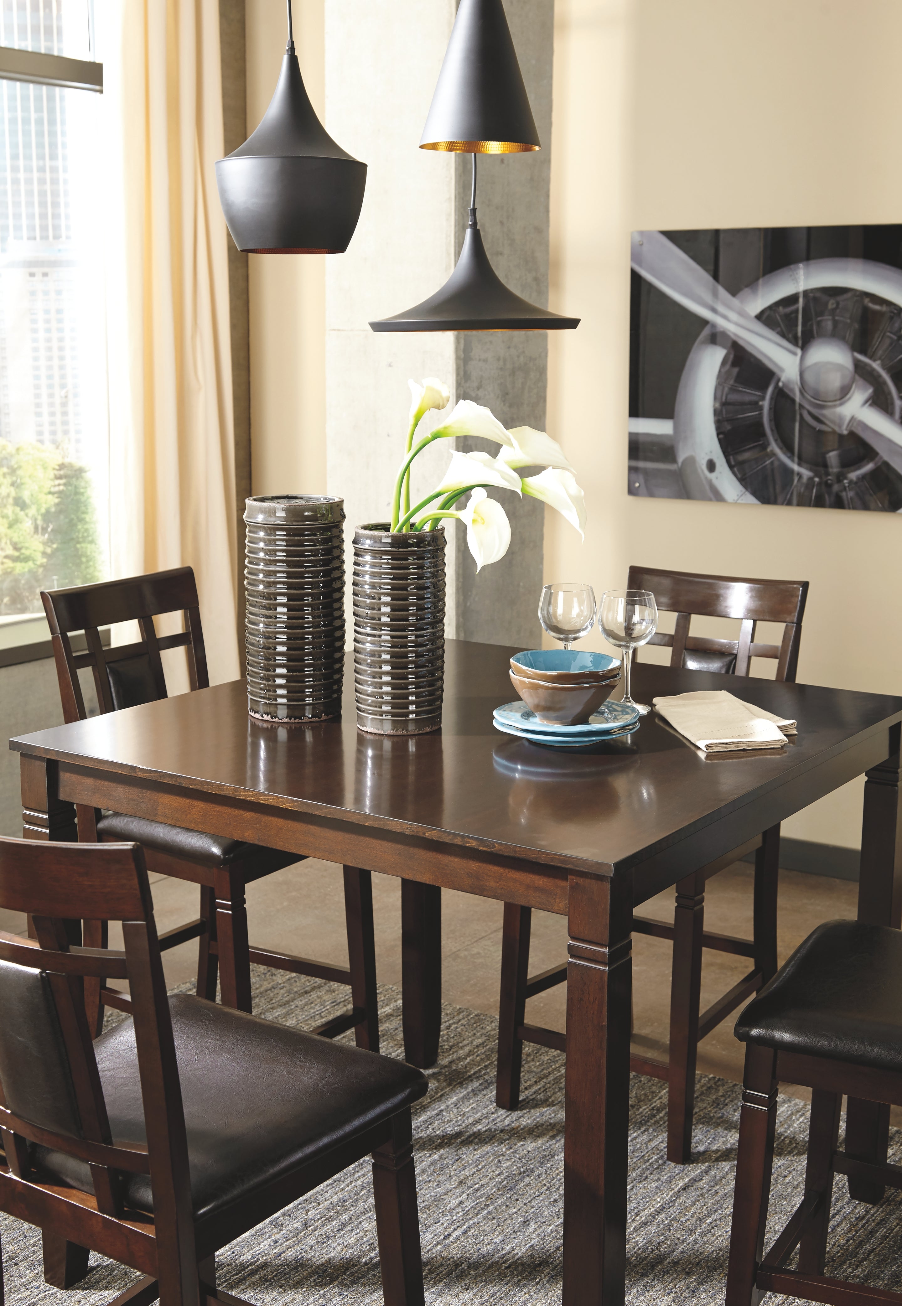 Ashley Furniture - BENNOX 5 PIECE PUB DINING SET - Dark Brown Leather Match|Wood - Dining Room Sets - Additional View 2