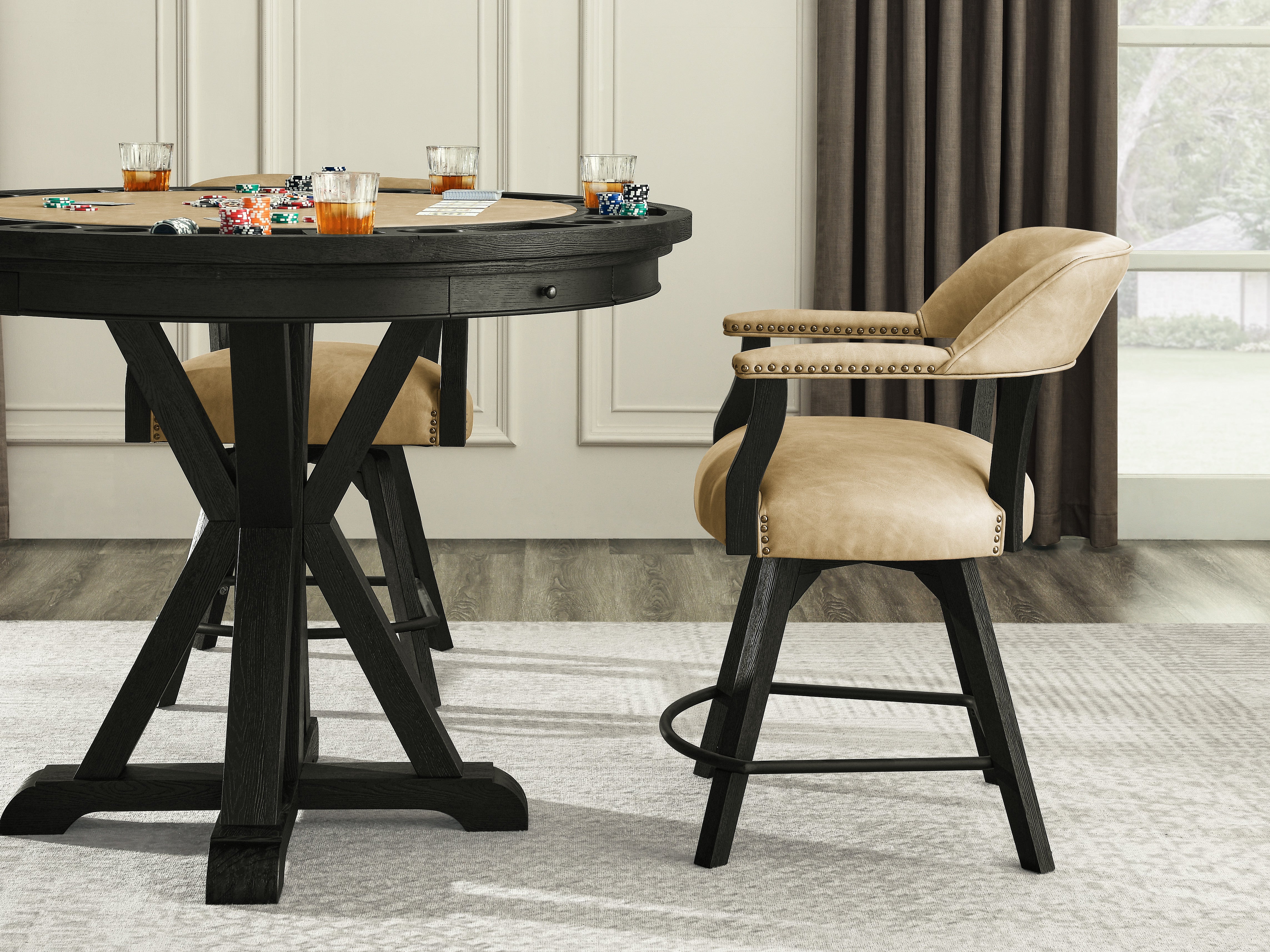 Steve Silver Furniture - Rylie Black 6Pc Counter Dining Set W/Gaming Top - Black|Light Brown Wood|Faux Leather - Dining Room Sets - Additional View 1