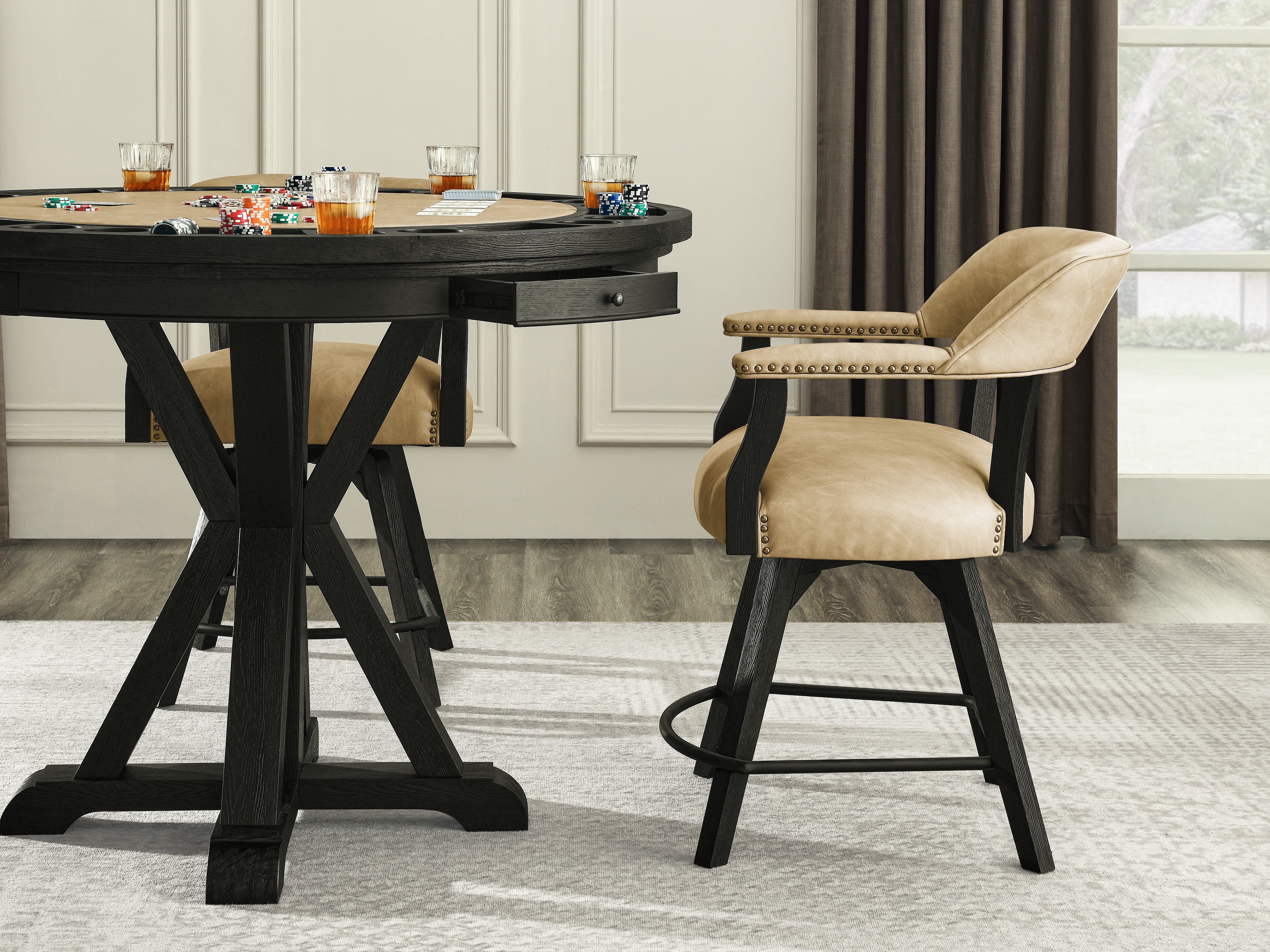Steve Silver Furniture - Rylie Black 6Pc Counter Dining Set W/Gaming Top - Black|Light Brown Wood|Faux Leather - Dining Room Sets - Additional View 2