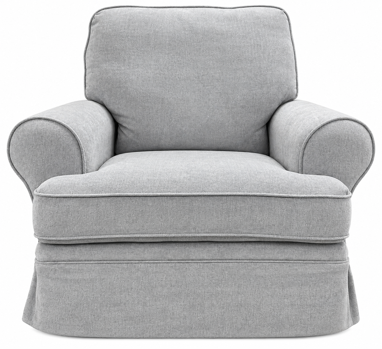 A light gray upholstered armchair with a skirted base, rolled arms, and a high back cushion, shown against a plain white background.