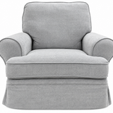 A light gray upholstered armchair with a skirted base, rolled arms, and a high back cushion, shown against a plain white background.