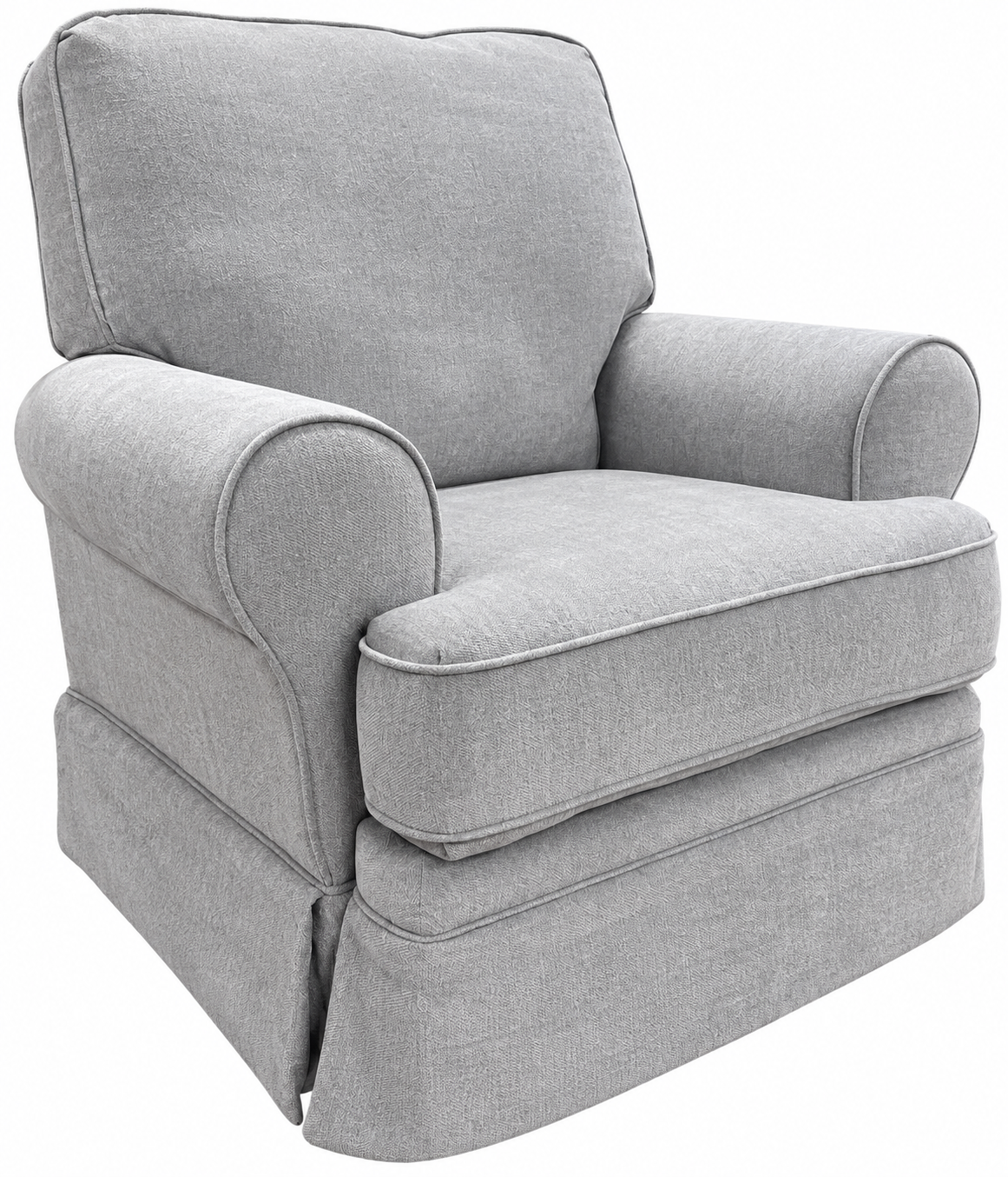 A light gray upholstered armchair with a skirted base, shown on a plain white background.