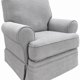 A light gray upholstered armchair with a skirted base, shown on a plain white background.