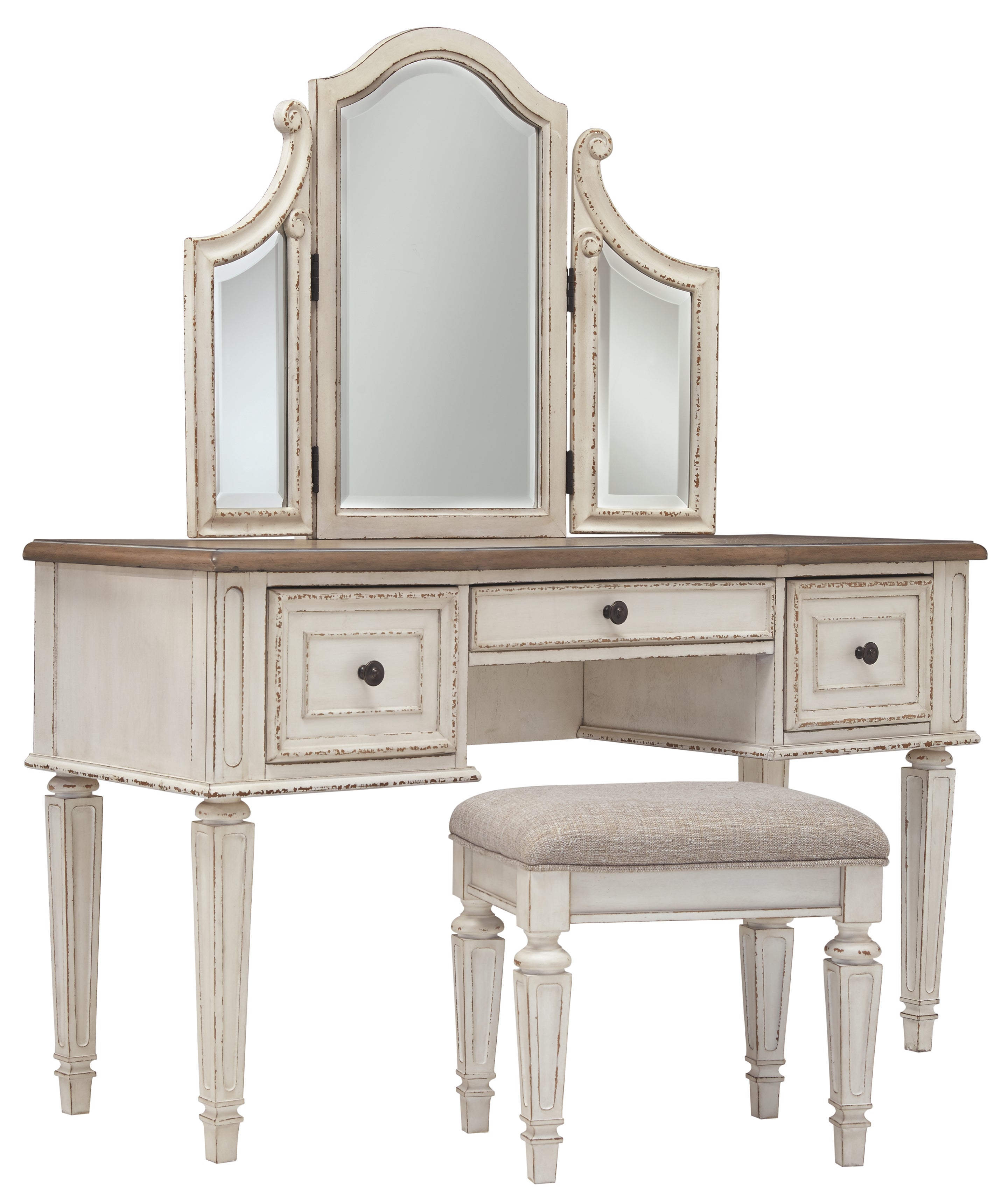 Ashley Furniture - REALYN VANITY/MIRROR/STOOL - White Fabric|Glass|Wood - Desks & Vanities